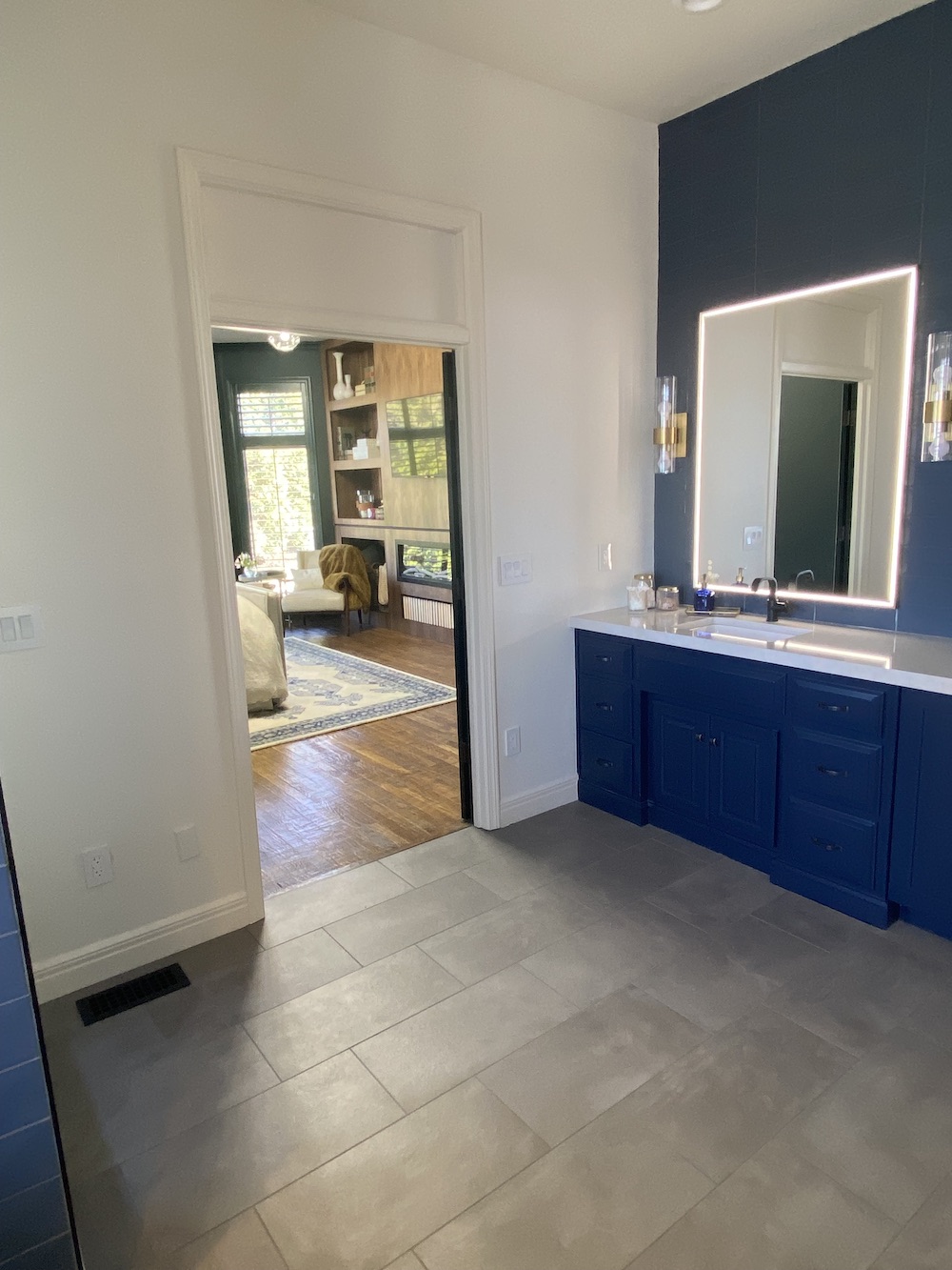 Eclectic Navy and White Master Bathroom